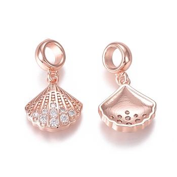 Brass Micro Pave Clear Cubic Zirconia European Dangle Charms, Large Hole Pendants, Scallop Shell Shape, Rose Gold, 24mm, Hole: 5mm, Shell: 15x14x3mm