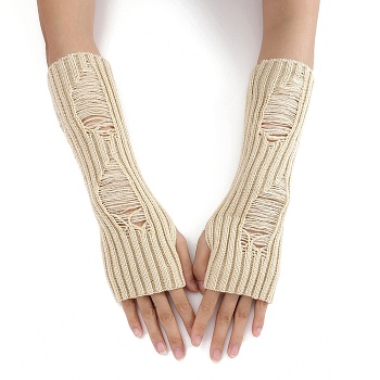 Acrylic Fiber Yarn Knitting Fingerless Gloves, Winter Warm Gloves with Thumb Hole, Cornsilk, 200x70mm