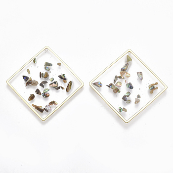 Epoxy Resin Pendants, with Shell and Alloy Findings, Rhombus, Light Gold, Colorful, 41.5x41.5x1.5~3mm, Hole: 1mm