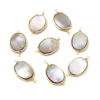 Natural Shell Connector Charms, Oval Links, with Brass Wire Wrapped, Real 14K Gold Plated, 29.5x16.5x3.5mm, Hole: 2mm