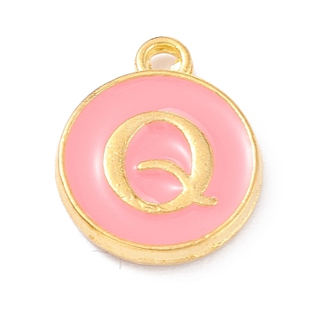 Golden Plated Alloy Enamel Charms, Enamelled Sequins, Flat Round with Alphabet, Letter.Q, Pink, 14x12x2mm, Hole: 1.5mm
