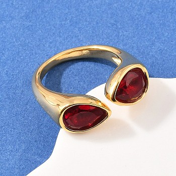 304 Stainless Steel with Glass Cuff Open Rings, Golden, Ion Plating(IP), Red, 7.5mm, Inner Diameter: 17mm
