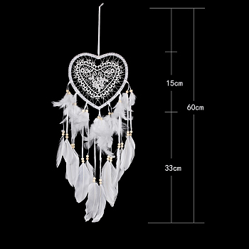 Feather Heart Woven Net/Web Wind Chimes, with Beads, for Home Party Festival Decor, White, 600mm
