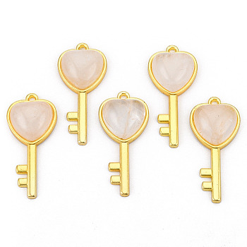 Natural Quartz Crystal Pendants, with Light Gold Plated Brass Findings, Key with Heart Charm, 38x17x6.5~7mm, Hole: 1.8mm