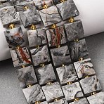 Natural Map Stone Beads Strands, Faceted, Square, with Seed Beads, 10.5x10.5x4.5~5.5mm, Hole: 1mm, about 31pcs/strand, 14.76~15.16''(37.5~38.5cm)(G-F839-A32-01)