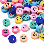 Handmade Polymer Clay Beads, Flat Round with Expression, Mixed Color, 9~10x4~5mm, Hole: 1.6mm(CLAY-N008-065-A)