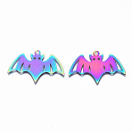 201 Stainless Steel Pendants, Ion Plating(IP), Halloween Bat, Rainbow Color, 26.5x41x0.3mm, Hole: 2mm(X-STAS-T061-02)