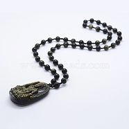 Natural Obsidian Beaded Pendant Necklaces, with Golden Sheen Obsidian Pendants, Buddha, 24 inch(61cm)(NJEW-E116-03)