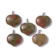 Natural Unakite Pendants, Heart Charms, with Platinum Tone Brass Findings, 23.5x25x8.5mm, Hole: 5x3.5mm(G-G956-D02)