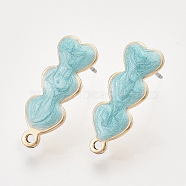 Iron Enamel Stud Earring Findings, with Raw(Unplated) Pin and Loop, Heart, Light Gold, Turquoise, 22x8x2mm, Hole: 1.4mm, Pin: 1mm(IFIN-N003-08A)