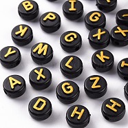 Opaque Black Acrylic Beads, Metal Enlaced, Horizontal Hole, Cube with Random Letters, Golden Plated, 10x6mm, Hole: 2mm, about 1560pcs/500g(MACR-N008-48B)