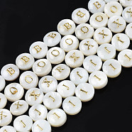 Natural Freshwater Shell Beads, with Golden Enamel, Horizontal Hole, Flat Round with Alphabet, Seashell Color, Letter, 8x3.5~4.5mm, Hole: 0.5mm, about 40pcs/strand, 12.20~12.60inch(31~32cm)(SHEL-S276-168)