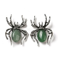 Dual-use Items Alloy Pave Jet Rhinestone Spider Brooch, with Natural Green Aventurine, Antique Silver, 57.5x41.5x12mm, Hole: 4.5x4mm(JEWB-C026-07B-AS)
