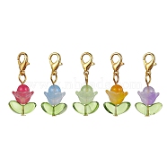 Flower Natural Jade & Glass Pendant Decooration, Zinc Alloy Lobster Claw Clasps Charm, Mixed Color, 31mm(HJEW-JM01605)