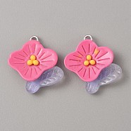 Translucent Resin Pendants, Glitter Flower Charms with Platinum Tone Iron Loops, Hot Pink, 24x22x6mm, Hole: 1.8mm(RESI-TAC0019-09A)
