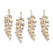 Brass Micro Pave Cubic Zirconia Pendants, Olive Branch, Long-Lasting Plated, Light Gold, Clear, 28x8x4mm, Hole: 2x4mm(KK-R111-029)