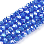 Electroplate Glass Beads Strands, Opaque Solid Color, AB Color Plated, Faceted, Rondelle, Blue, 4x3mm, Hole: 0.4mm, about 123~127pcs/strand, 16.5~16.9 inch(42~43cm)(EGLA-A034-P4mm-B21)
