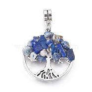 Alloy European Dangle Charms, with Natural Lapis Lazuli Chips, Flat Round with Tree, Antique Silver, 38mm, Hole: 4mm, 28x25x4~5mm(PALLOY-JF00355-05)