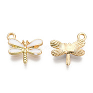 Light Gold Plated Alloy Charms, with Enamel, Dragonfly, White, 14.5x15.5x3mm, Hole: 1.8mm(ENAM-T009-02F)