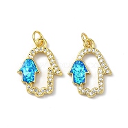 Brass Micro Pave Cubic Zirconia Pendants, with Synthetic Opal and Jump Ring, Hamsa Hand, Real 18K Gold Plated, 19x14x2.5mm, Hole: 3.5mm(KK-A197-01G)