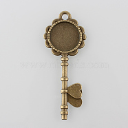 Tibetan Style Antique Bronze Alloy Key Pendant Cabochon Settings, Cadmium Free & Nickel Free & Lead Free, Tray: 20mm, 73x29x2mm, Hole: 4mm(X-TIBEP-M022-03AB-NF)