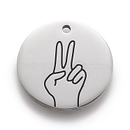 316 Surgical Stainless Steel Pendants, ASL Pendants, Flat Round with Gesture Language, Stainless Steel Color, Victory, 25x2mm, Hole: 2mm(X-STAS-F257-02P)