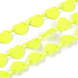 Spray Painted Brass Link Chains, with Spool, Soldered, Heart, Yellow, Heart: 6x6.5x0.4mm, Link: 4x3x0.5mm, 32.8 Feet(10m)/roll(CHC-H103-01I)