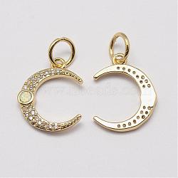 Brass Cubic Zirconia Charms, with Synthetic Opal, Moon, Cadmium Free & Lead Free, White, Real 18K Gold Plated, 16.5x13x2mm, Hole: 4.5mm(ZIRC-P036-20-G01-RS)
