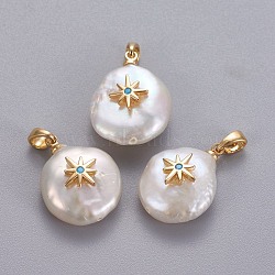 Natural Cultured Freshwater Pearl Pendants, with Brass Micro Pave Cubic Zirconia Findings, Nuggets with Star, Long-Lasting Plated, Golden, Deep Sky Blue, 17~27x12~16x6~12mm, Hole: 4x2.5mm(KK-L187-07G)