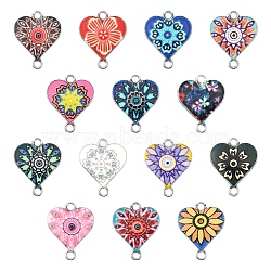 30Pcs 15 Colors Alloy Enamel Connector Charms, Heart-Shaped Links with Flower Pattern, Platinum, Mixed Color, 20x16mm, 2pcs/color(ENAM-YW0005-79)