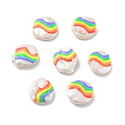 Flat Round Enamel Natural Pearl Beads, Rainbow Pattern, Colorful, 17x16x5mm, Hole: 1mm(BSHE-G028-01B)