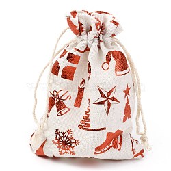 Christmas Theme Cotton Fabric Cloth Bag, Drawstring Bags, for Christmas Party Snack Gift Ornaments, Christmas Themed Pattern, 14x10cm(ABAG-H104-B13)