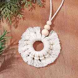 Handmade Cotton Macrame Ring Pendant Decorations, with Natural Unfinished Wood Beads, White, 208mm(HJEW-JM02843)