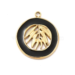 304 Stainless Steel Enamel Pendants, Golden, Flat Round with Leaf Charm, Black, 18x16x1mm, Hole: 1.6mm(STAS-K246-01H)
