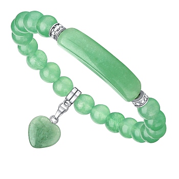 Natural Green Aventurine Curved Rectangle Stretch Braclets with Heart Charm, Inner Diameter: 2-3/8 inch(6cm)