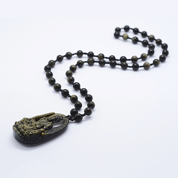 Natural Obsidian Beaded Pendant Necklaces, with Golden Sheen Obsidian Pendants, Buddha, 24 inch(61cm)