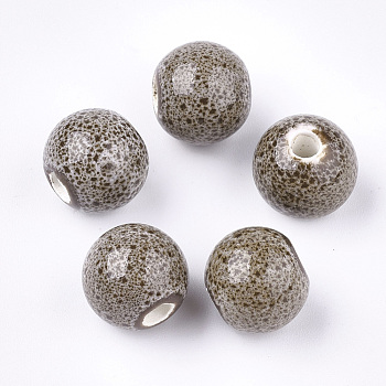 Handmade Porcelain Beads, Fancy Antique Glazed Porcelain, Round, Rosy Brown, 10.5~11x9.5mm, Hole: 2.5mm