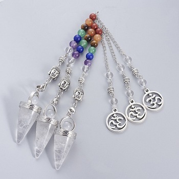 Chakra Jewelry Natural Quartz Crystal Cone Dowsing Pendulums, with Brass Finding and Alloy Chain, Antique Silver, 235~245x2.5mm