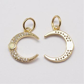Brass Cubic Zirconia Charms, with Synthetic Opal, Moon, Cadmium Free & Lead Free, White, Real 18K Gold Plated, 16.5x13x2mm, Hole: 4.5mm