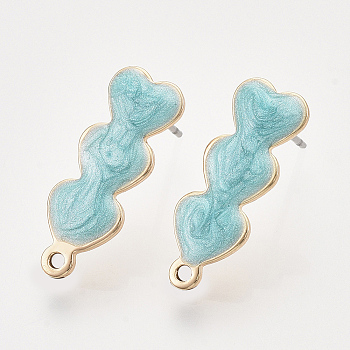 Iron Enamel Stud Earring Findings, with Raw(Unplated) Pin and Loop, Heart, Light Gold, Turquoise, 22x8x2mm, Hole: 1.4mm, Pin: 1mm
