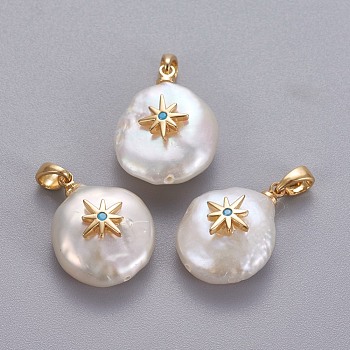 Natural Cultured Freshwater Pearl Pendants, with Brass Micro Pave Cubic Zirconia Findings, Nuggets with Star, Long-Lasting Plated, Golden, Deep Sky Blue, 17~27x12~16x6~12mm, Hole: 4x2.5mm