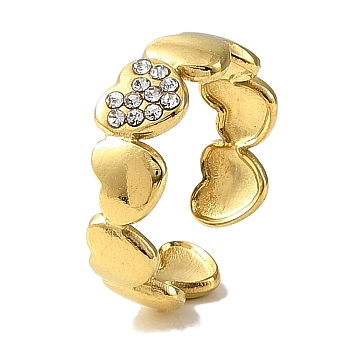 Ion Plating(IP) 304 Stainless Steel Open Cuff Ring for Women, with Rhinestone, Heart, Real 18K Gold Plated, Adjustable