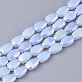 Electroplate Opaque Solid Color Glass Beads Strands, AB Color Plated, Faceted, Teardrop, Light Sky Blue, 8.5x6x4.5~5mm, Hole: 1mm, about 80pcs/strand, 26.38 inch(67cm)