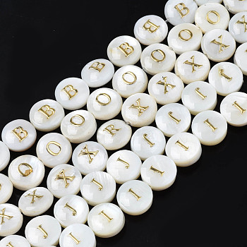 Natural Freshwater Shell Beads, with Golden Enamel, Horizontal Hole, Flat Round with Alphabet, Seashell Color, Letter, 8x3.5~4.5mm, Hole: 0.5mm, about 40pcs/strand, 12.20~12.60inch(31~32cm)