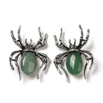 Dual-use Items Alloy Pave Jet Rhinestone Spider Brooch, with Natural Green Aventurine, Antique Silver, 57.5x41.5x12mm, Hole: 4.5x4mm