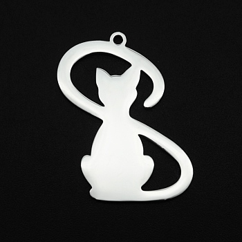 201 Stainless Steel Pendants, Laser Cut, Cat Shape, Stainless Steel Color, 30x18x1mm, Hole: 1.6mm