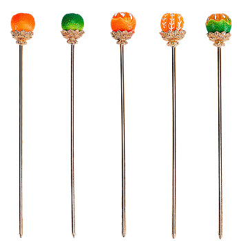 5Pcs 5 Colors Cute Orange Resin Hair Sticks, with Alloy Finding, for Woman Girl, Light Gold, Mixed Color, 137x16mm, 1pc/color