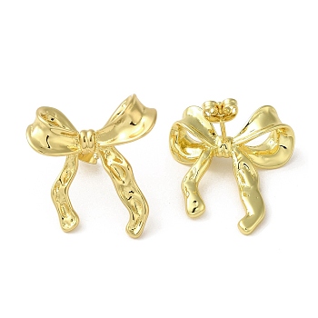 Brass Stud Earrings, with Clear Cubic Zirconia for Women, Bowknot, Real 18K Gold Plated, 27x24mm