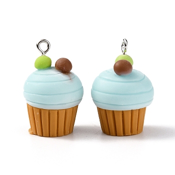 Opaque Resin Pendants, with Platinum Tone Iron Loops, Imitation Food, Cupcake, Pale Turquoise, 25.5x16.5mm, Hole: 2mm