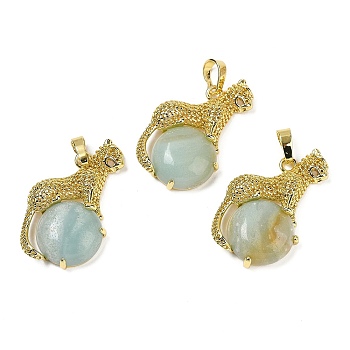 Natural Flower Amazonite Ball with Leopard Shape Brass Pendants, Rack Plating, Cadmium Free & Lead Free, Long-Lasting Plated, 35x22x6.5mm, Hole: 7x3.5mm